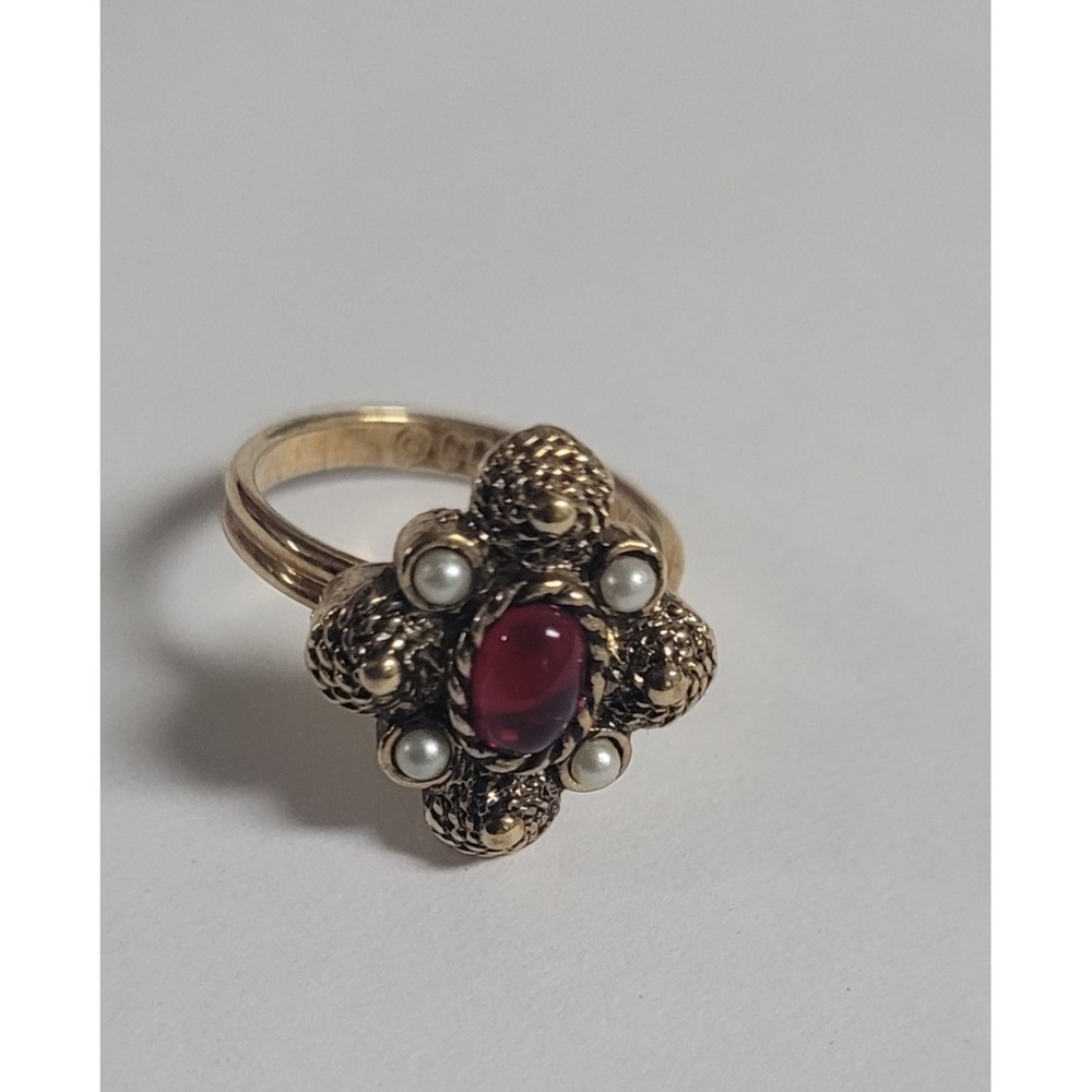 Sarah Coventry Ring Enchantment Red Gem Pearl Signed Vintage Adjustable Cocktail